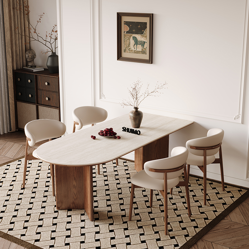 德利丰岩板法式中古奶油洞石客厅餐桌小户型家用半岛圆椭圆长方形