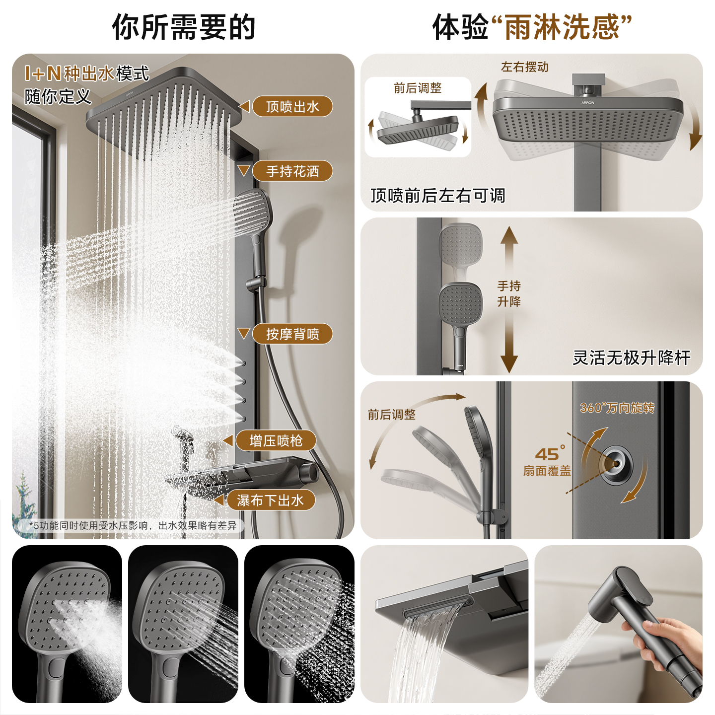 箭牌净界花洒套装枪灰方管钢琴卫生间淋浴器喷头家用全铜恒温背喷 「净界方管冷热」枪灰色/铜水路/钢琴键/可调水量