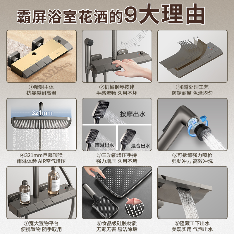 箭牌枪灰色钢琴键恒温淋浴花洒套装家用卫生间淋浴器增压喷头卫浴 净界枪灰【冷热款】铜水路/钢琴键/可调节水量