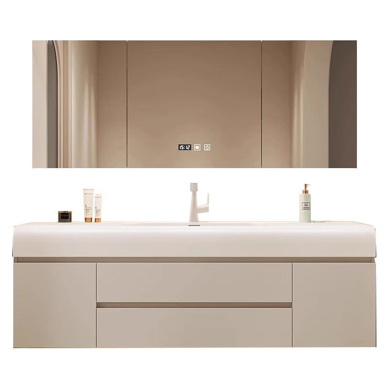 勒臣实木浴室柜组合杜邦可丽耐肤感一体盆奶油风洗手洗脸盆池洗漱台柜 100cm国产可丽耐一体盆+智能镜子