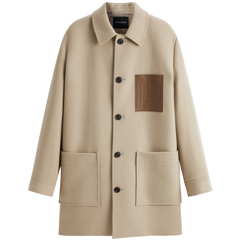 太平鸟 男装秋冬款绵羊毛中长款皮毛呢大衣皮标设计男式大衣