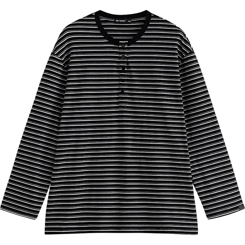 初语长袖T恤女2025冬季宽松中长款舒绒条纹打底衫外穿上衣 黑白条 XL