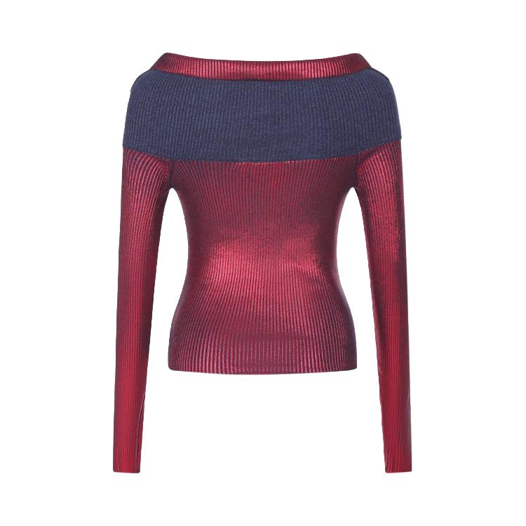 女式高领一字肩拼色修身显瘦时尚T恤衫