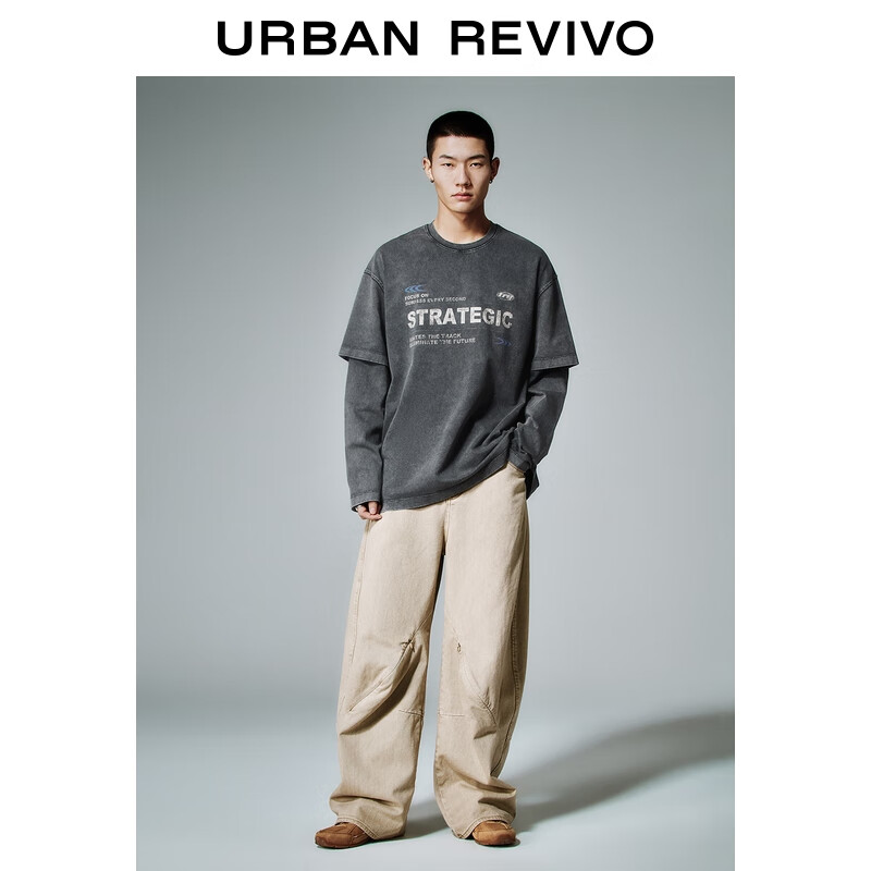 UR2025秋季男装潮流假两件字母超宽松长袖T恤UMV450159+ 深灰 2XL L (XL-)