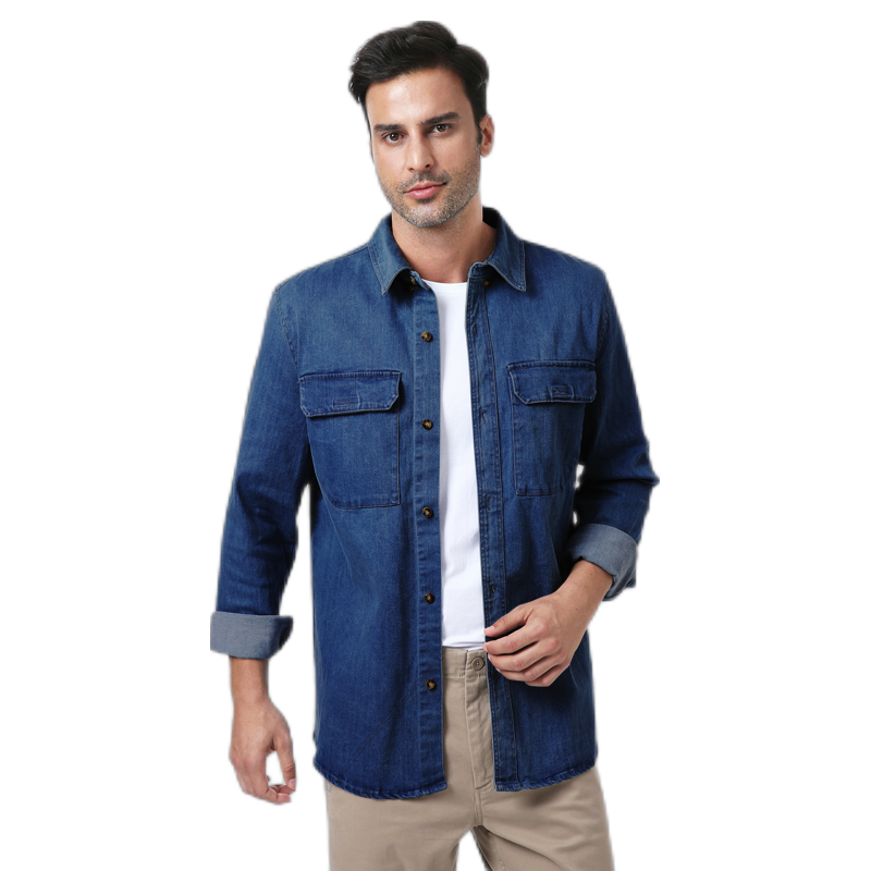 BGSD 衬衫男秋款牛仔工装衬衫加肥加大码复古休闲牛仔衬衫