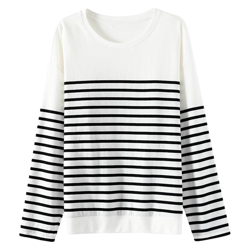 OSA欧莎经典法式春秋条纹长袖T恤内搭女士宽松显瘦落肩打底衫上衣