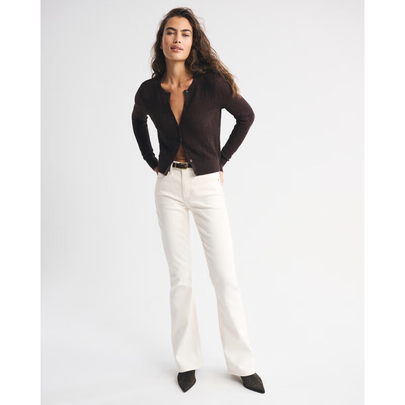 Abercrombie & Fitch女装25秋冬新款美式性感辣妹修身镂空设计针织开衫毛衣150-5540 深棕色