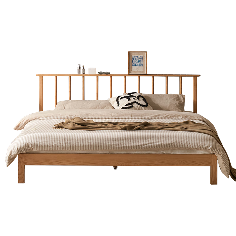 原始原素 实木床北欧原木风橡木床现代简约卧室家用1.8米双人床竖条床 竖条床（普通铺板）