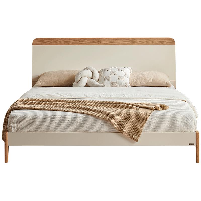 全友家居 原木奶油风板式床1.8x2米实木床脚简约主卧室双人大床129930