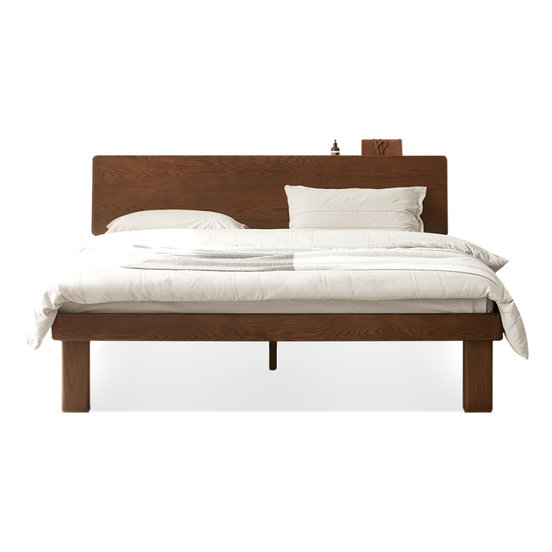 原始原素实木床现代简约1.8米橡木大床北欧夜灯双人床黑胡桃色-高体