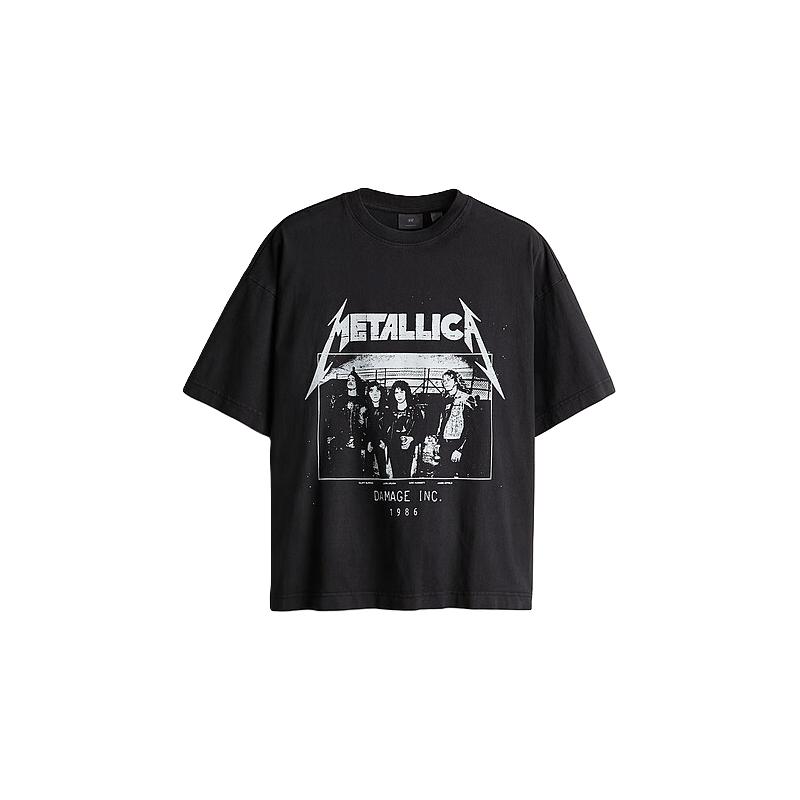H&M【Metallica】男装女装乐队T恤秋印花宽松美式重磅短袖1159823 黑色/Metallica