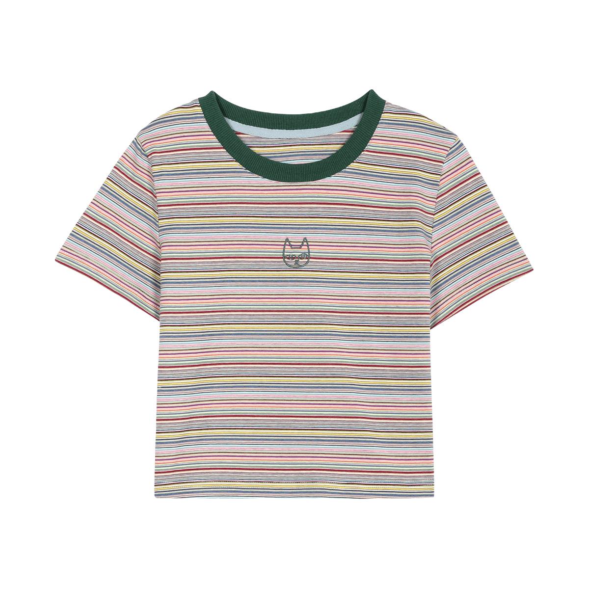 夏季修身弹力圆领撞色条纹高腰短款修身女式T恤