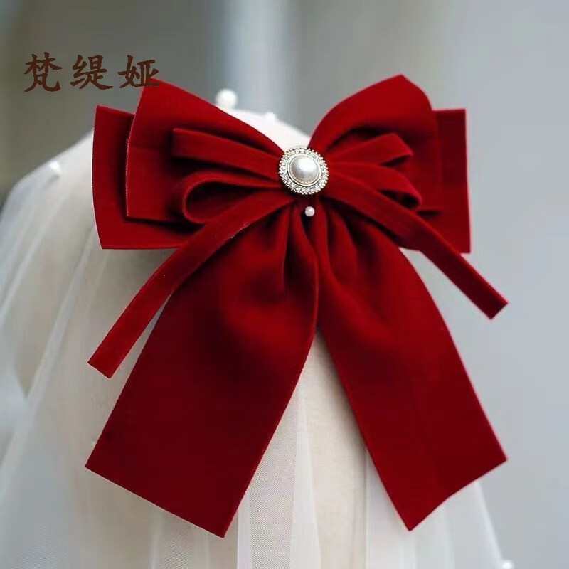 梵缇娅敬酒服头饰丝绒大蝴蝶结发夹发饰新娘结婚订婚发饰 高定珍珠丝绒蝴蝶结
