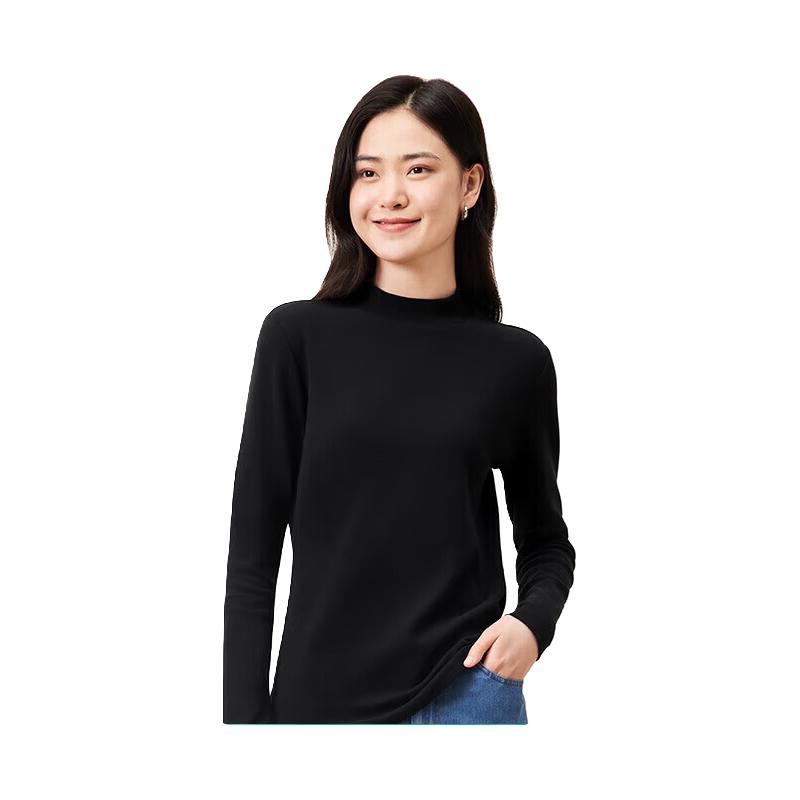 全棉时代女士针织衫打底衫风柔棉长袖T恤修身上衣半高领 黑色 160