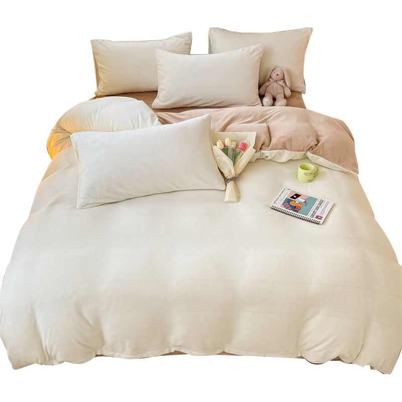 无印良品冬季牛奶绒被套200x230cm套罩加绒四件套绒床单被套罩 米白+浅咖 【单被套】200*230cm 1.8米床四件套【被套2.0*2.3m】 半夏深灰【A类100%全棉】