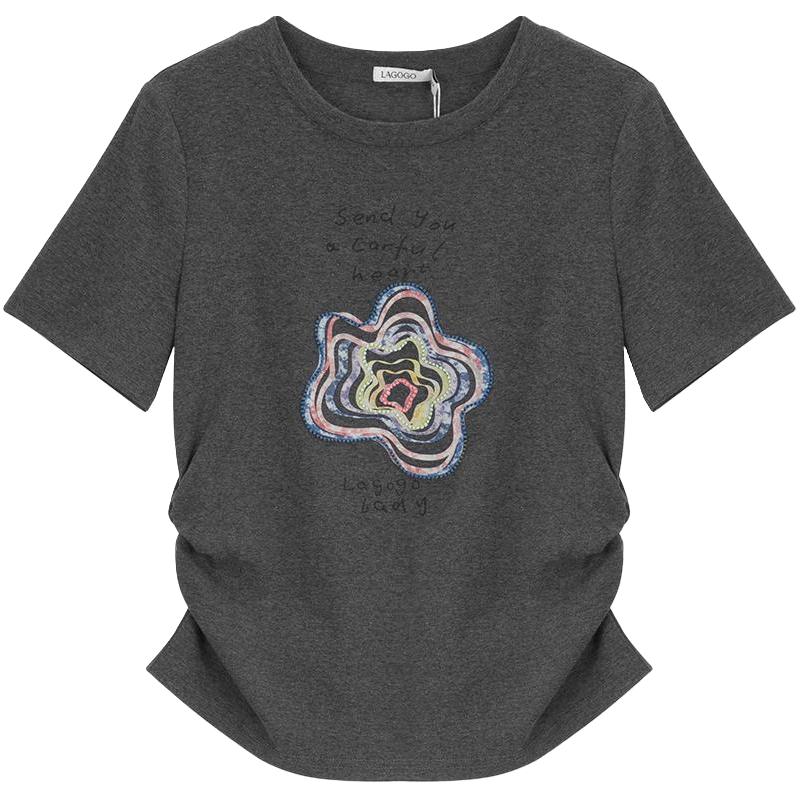 LAGOGO灰色修身花朵正肩T恤女士拉谷谷2025年夏季设计感短袖