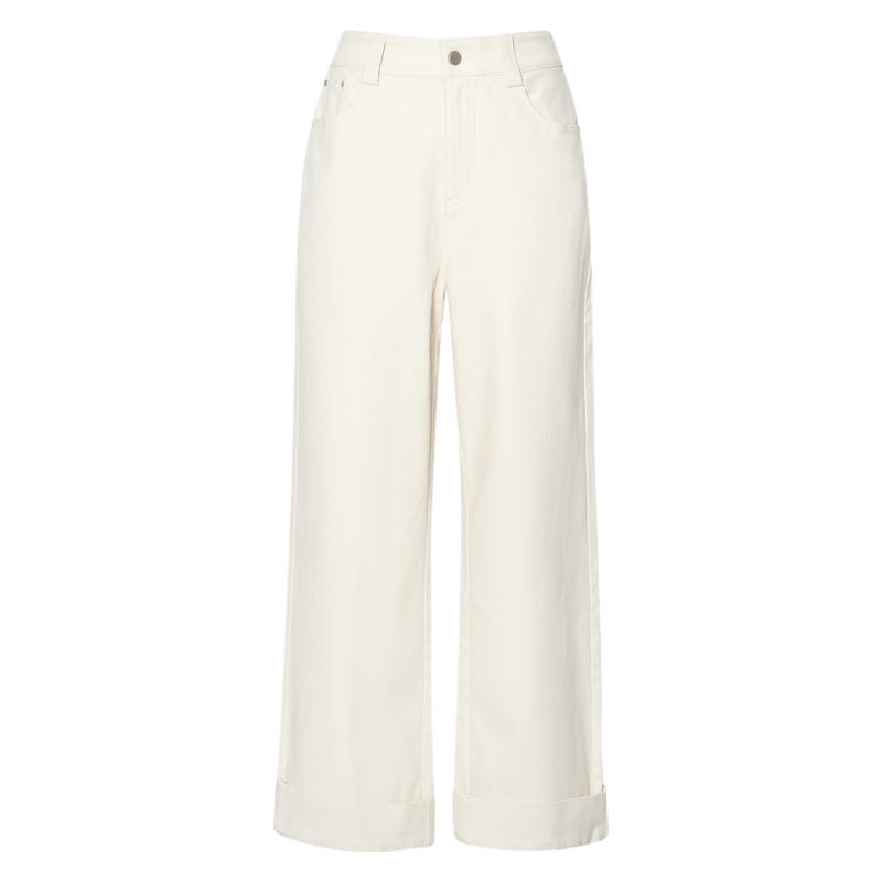 诗凡黎翻边脚口直筒牛仔裤女宽松高腰显瘦九分阔腿裤子