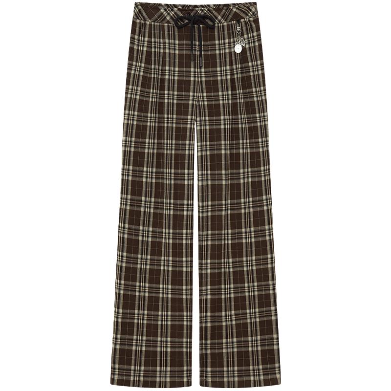 休闲裤女格纹小熊春秋款时髦宽松格子裤韩版直筒裤