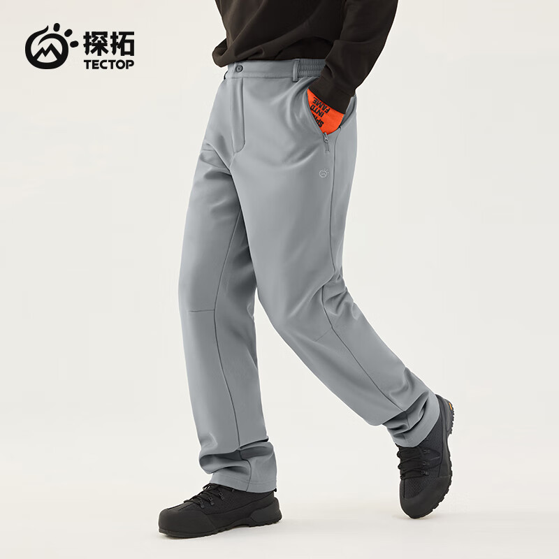 探拓（TECTOP）软壳裤秋冬男式户外旅行防风弹力保暖徒步长裤 男款炊烟灰【加厚】 XL