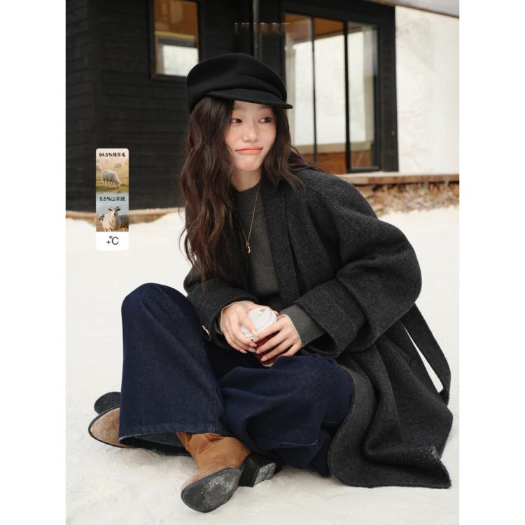 KUOSE 卡其色羊毛双面毛呢外套女25秋冬季气质收腰短款呢子大衣