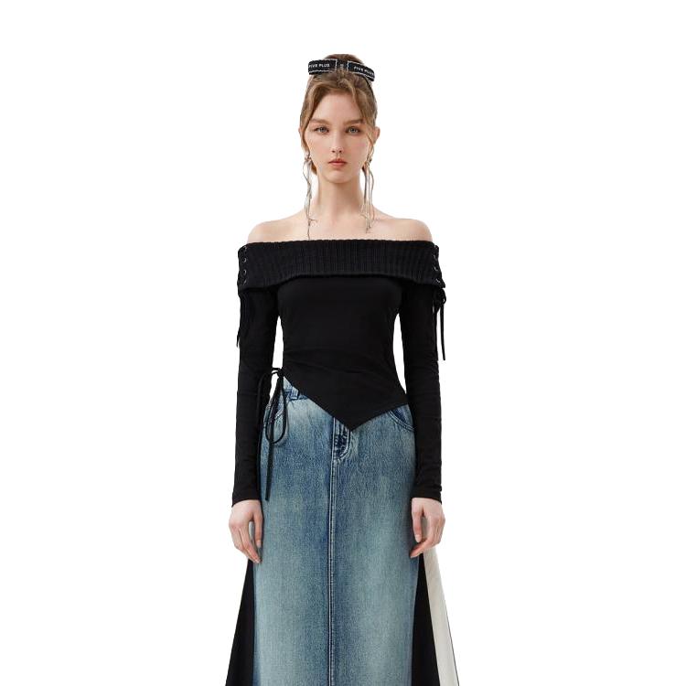 5+ Five Plus女秋装一字领露肩T恤女修身抽绳长袖打底套头衫