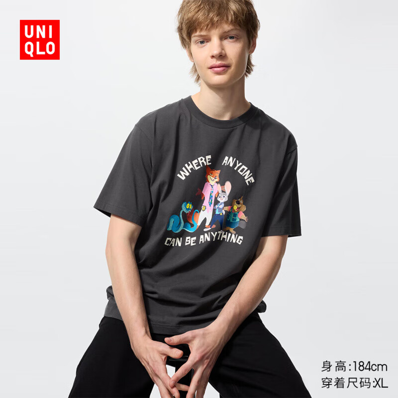 优衣库男装女装UT ZOOTOPIA印花短袖T恤疯狂动物城485254 08 深灰色 2XL