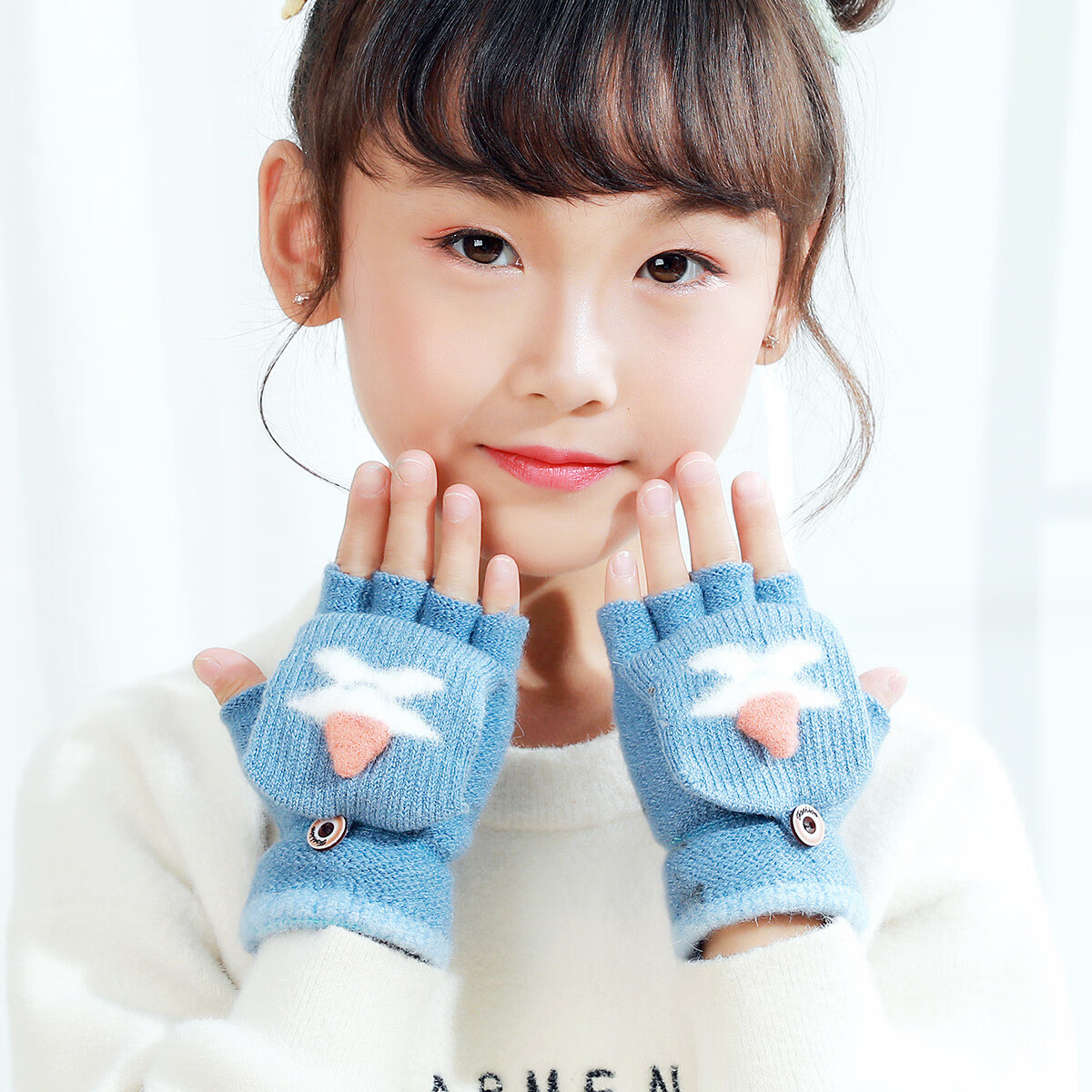 TSFUL儿童冬季保暖手套卡通翻盖露指手套男童女童毛线手套 【雪人】蓝色