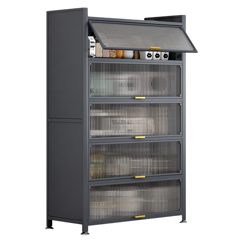 摩霄厨房置物架落地餐边防尘带门储物碗柜大容量收纳橱柜子三层50*42 两门三层高800-灰色