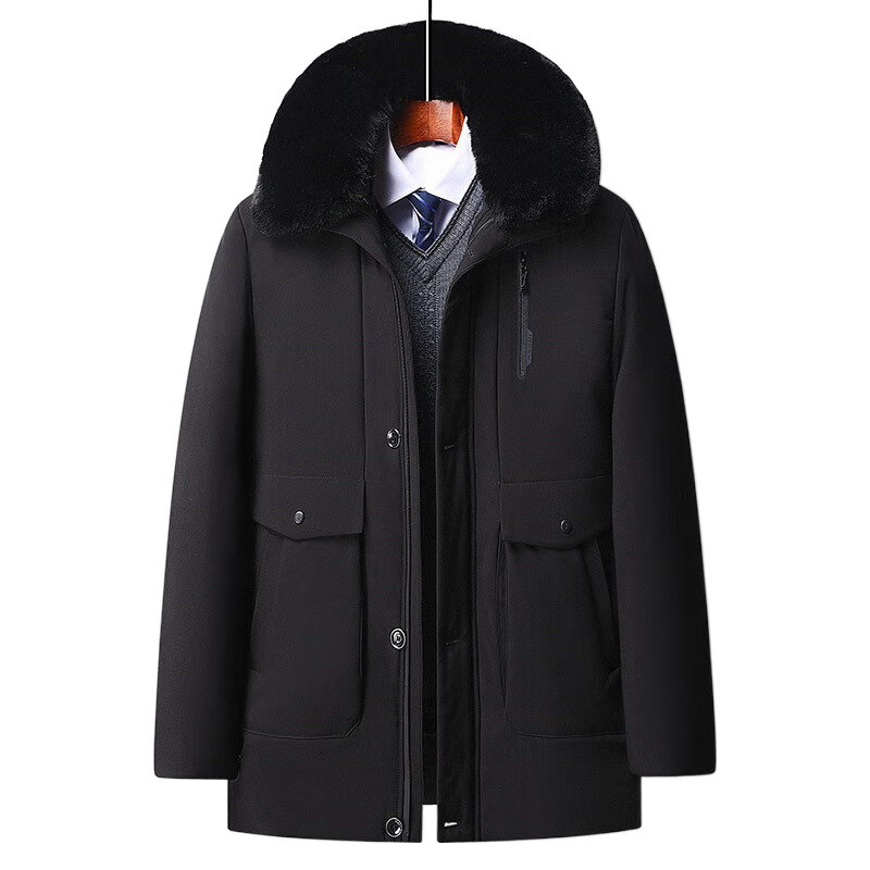 恒源祥【易穿搭】中年加厚冬季羽绒服男活里活面中老年人爸爸装加肥加大码保暖外套 黑色【獭兔毛领】 200/6XL 适200-220斤