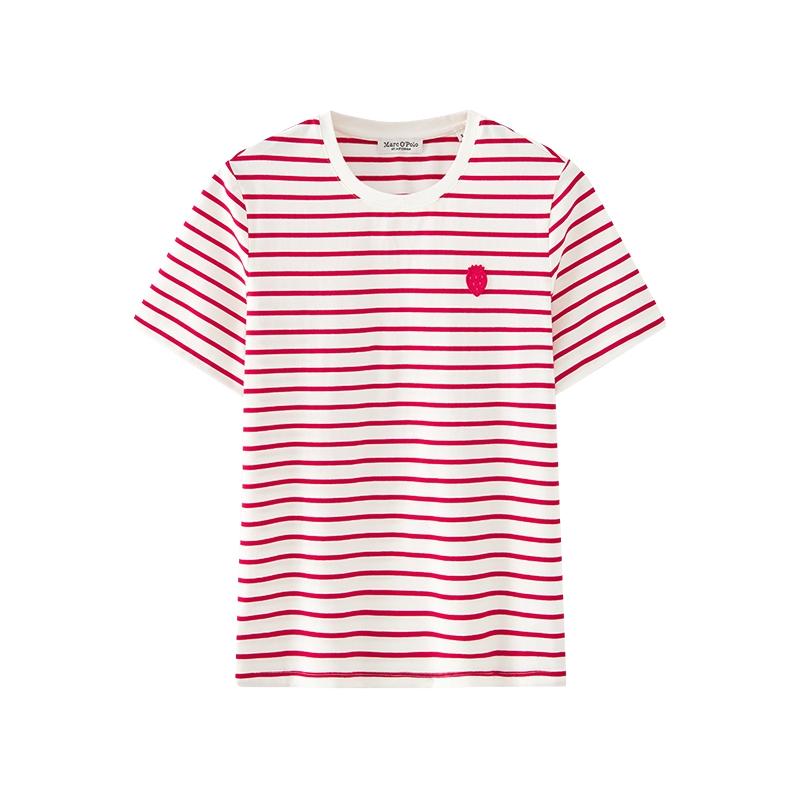 Marc O'Polo/MOP【品牌经典系列】草莓印花条纹圆领宽松休闲T恤女