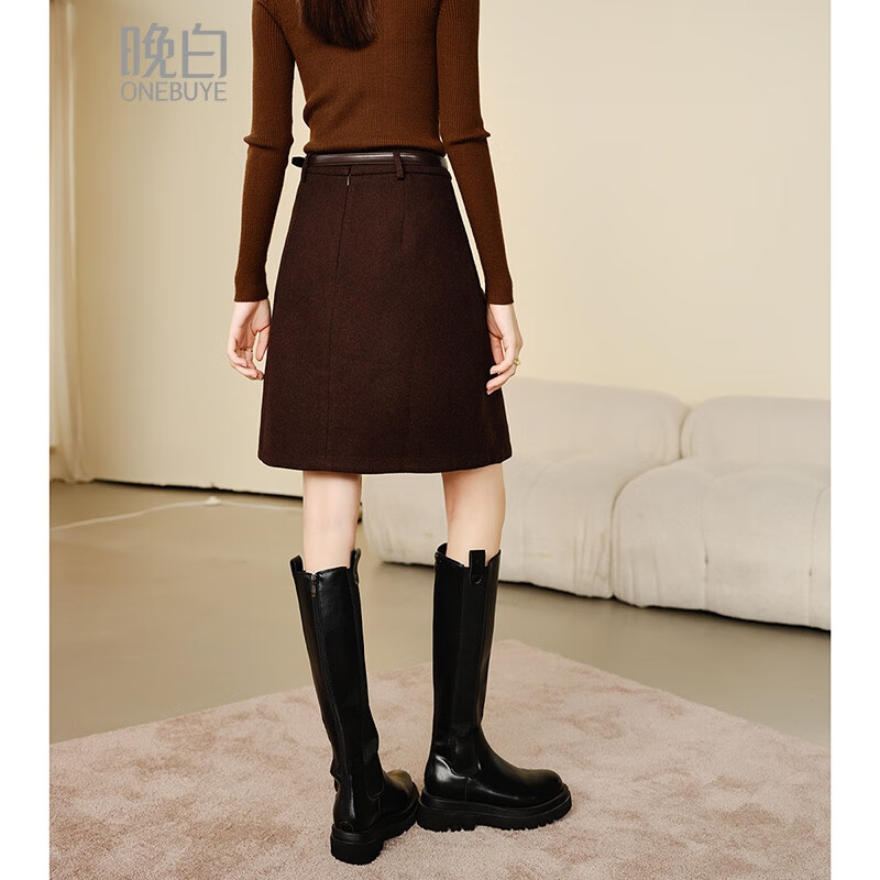 晚白【新品】2025冬款气质小个子毛呢短裙百搭羊毛半裙【不含腰带】 咖色