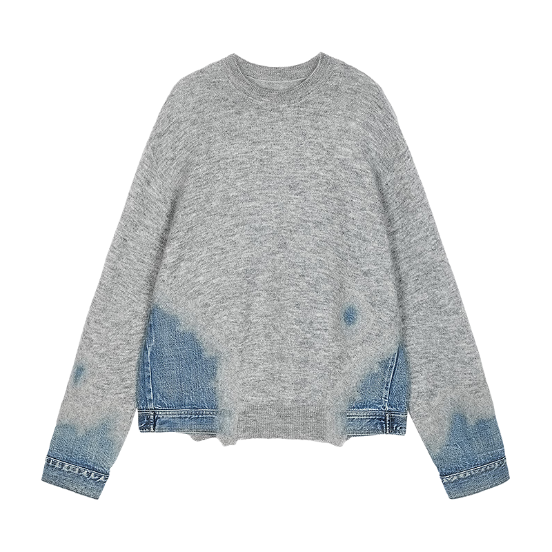 JNBY/江南布衣25冬毛针织衫女牛仔针刺拼接5P0312720 072/中杂灰 M