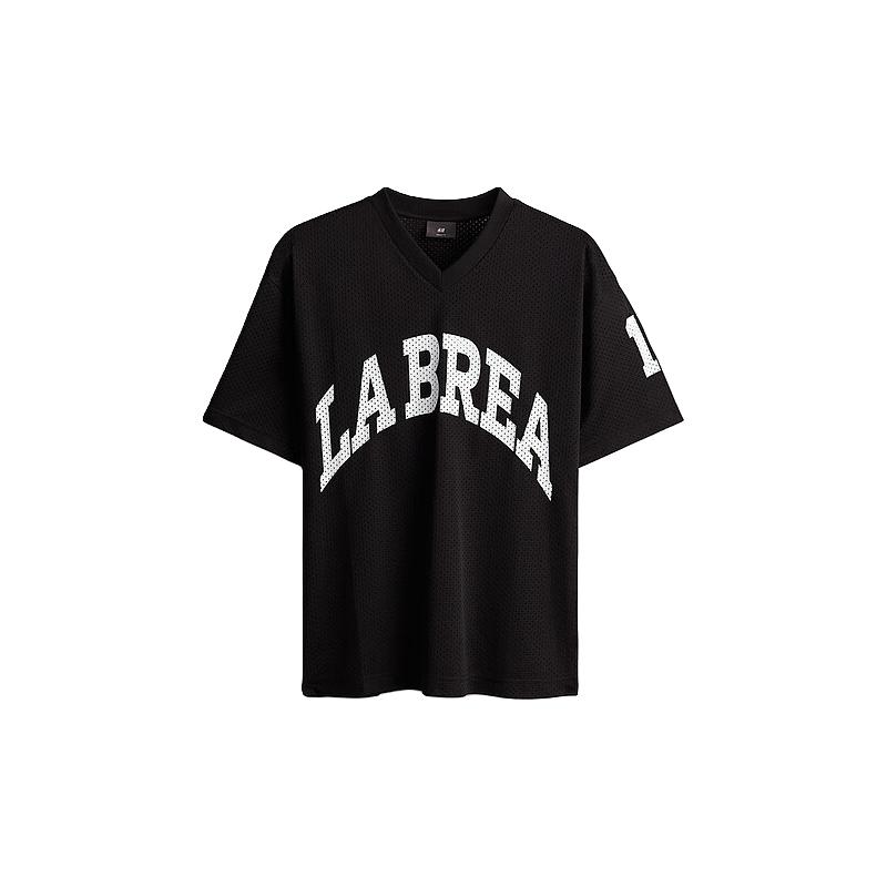 H&M2024夏季男装宽松版印花V领T恤1233092 黑色/La Brea 165/84 XS