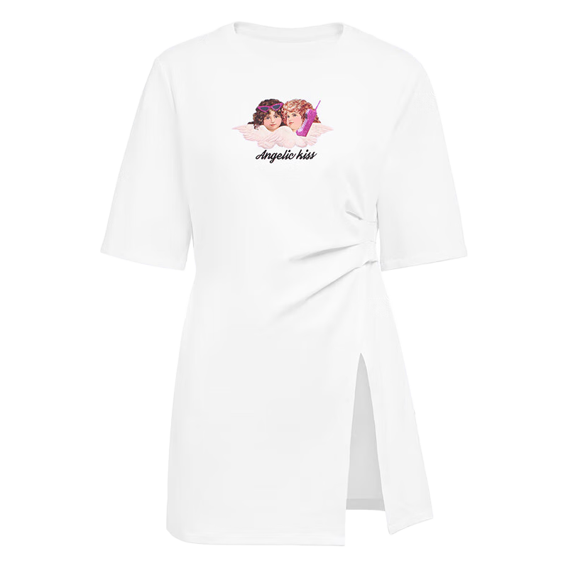 5+FIVE PLUS2023新款女夏装复古天使图案T恤女短袖开叉别致上衣刺绣商城同款 白色018 XS