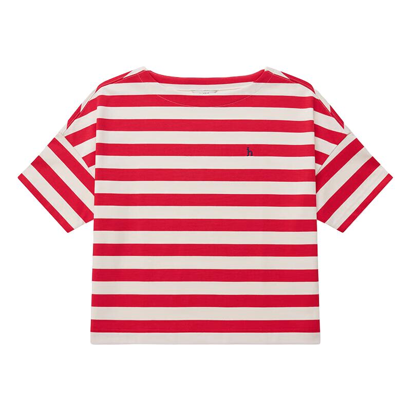 哈吉斯（HAZZYS）女装 2024春夏女士宽松条纹休闲T恤衫女ASTSE0BBX27 红色RD 155/80A 36