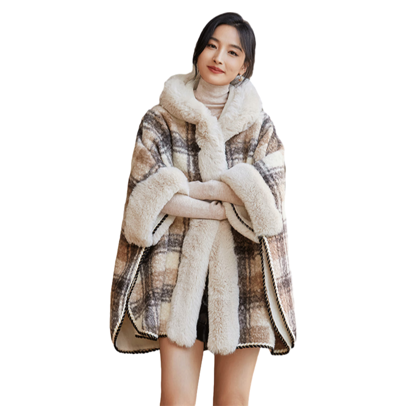 尚静外套女25年冬新女装格纹拼色加绒加厚连帽毛领防风保暖披肩上衣女