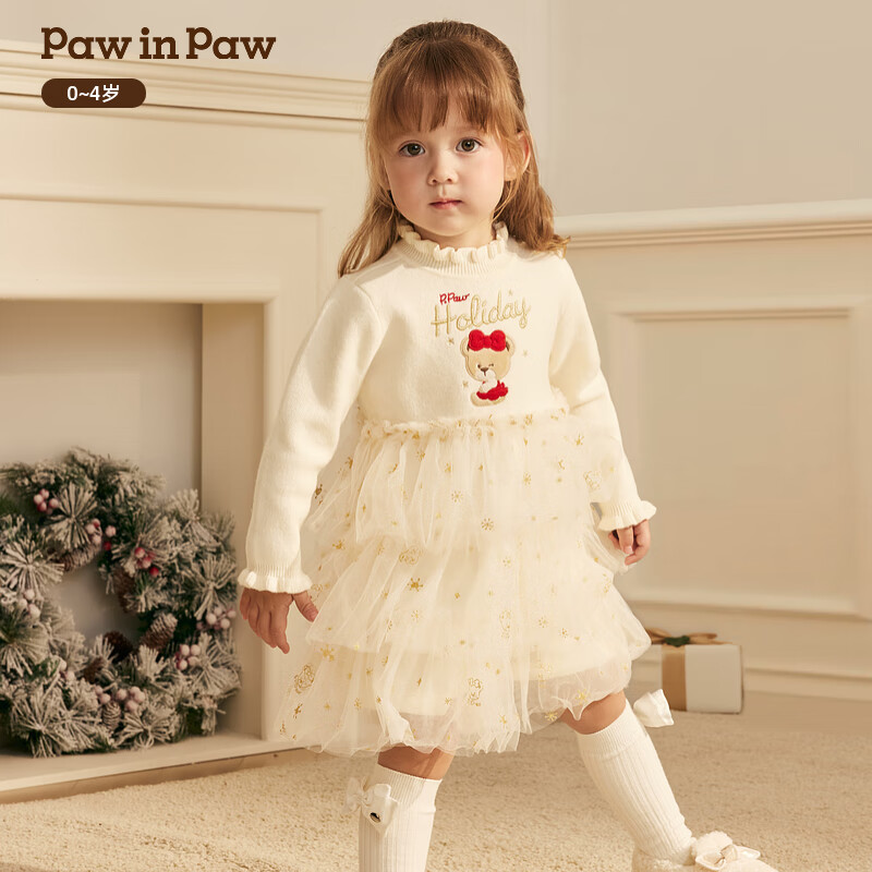 PawinPaw【圣诞】卡通小熊童装25年冬季女宝宝连衣裙甜美可爱 Red红色/20 90