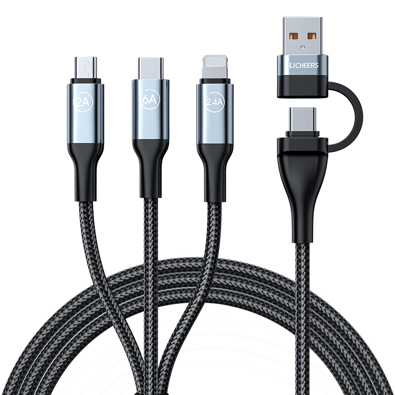 LICHEERS 领臣 LC-469 USB/A/TYPE-C转Lightning/Micro-B/Type-C 6A 数据线 编织锌合金 1.8m 黑色