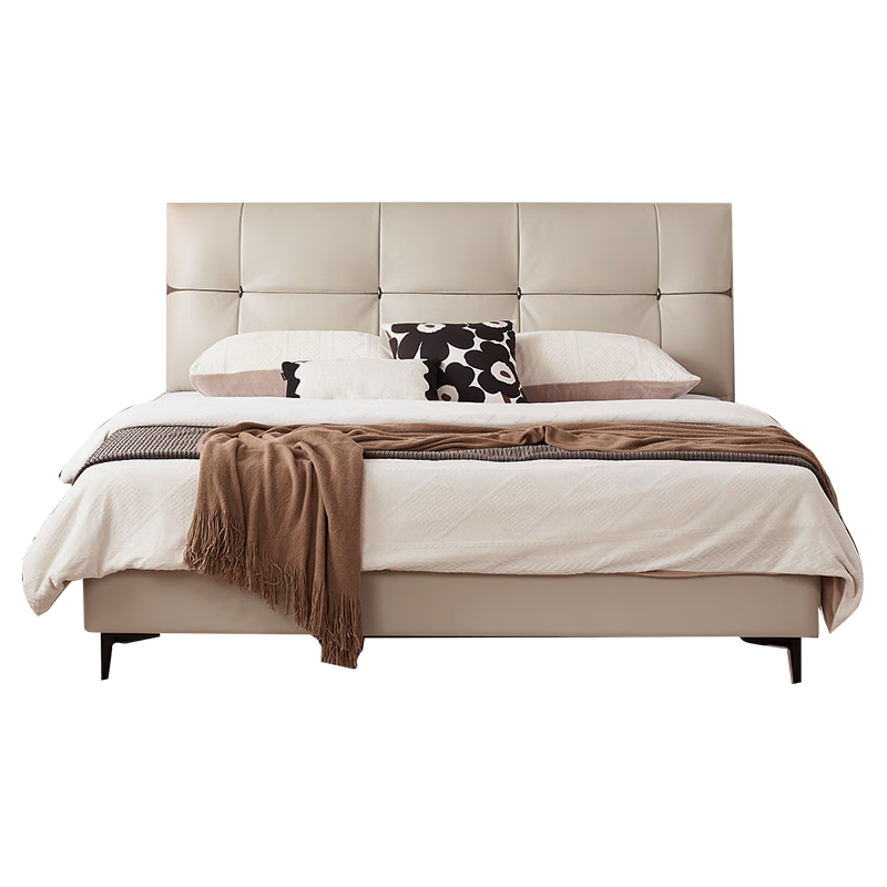 奶油风床主卧大床真皮床卧室床双人床皮床现代简约梦蝶床 （炭烧烤奶）实木框皮床 1800*2000