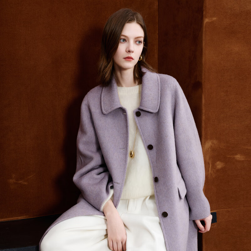 三彩2025冬季双面呢长大衣毛呢外套宽松气质M S 155/80A