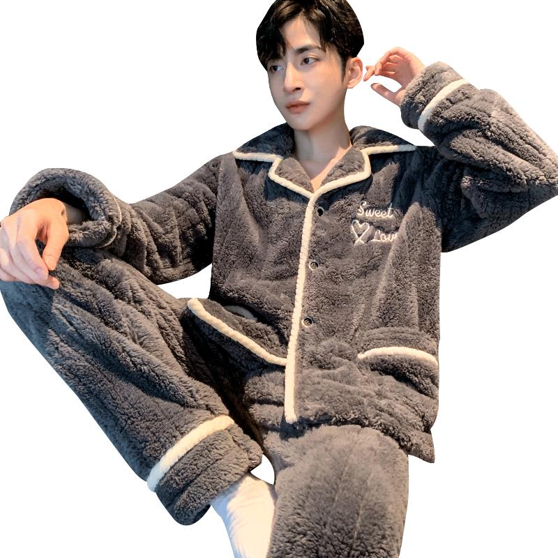 秋冬款睡衣男士珊瑚绒加绒加厚保暖法兰绒冬季家居服男款冬天套装