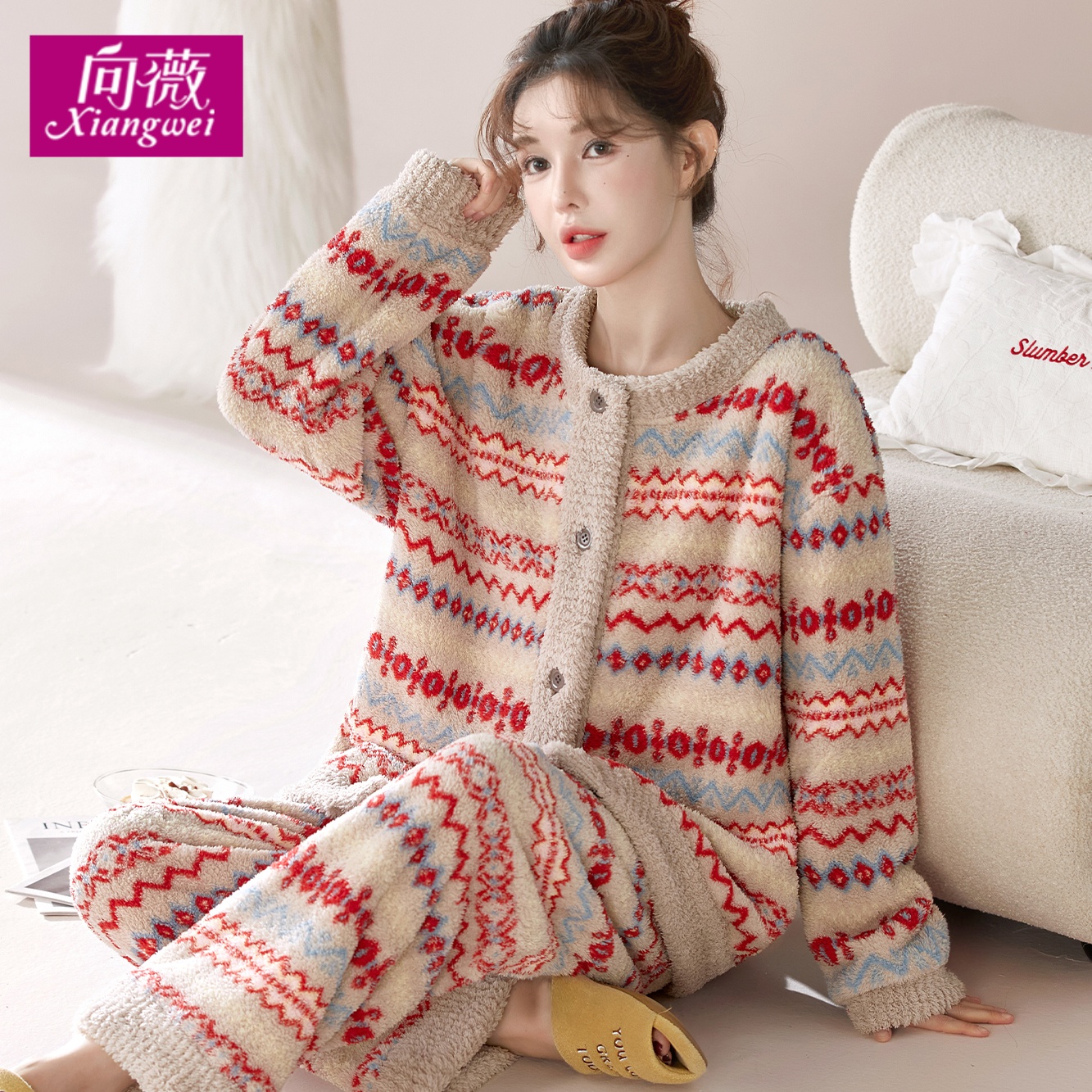 复古高级感暖绒保暖女珊瑚绒家居服可外穿甜美法兰绒秋冬睡衣