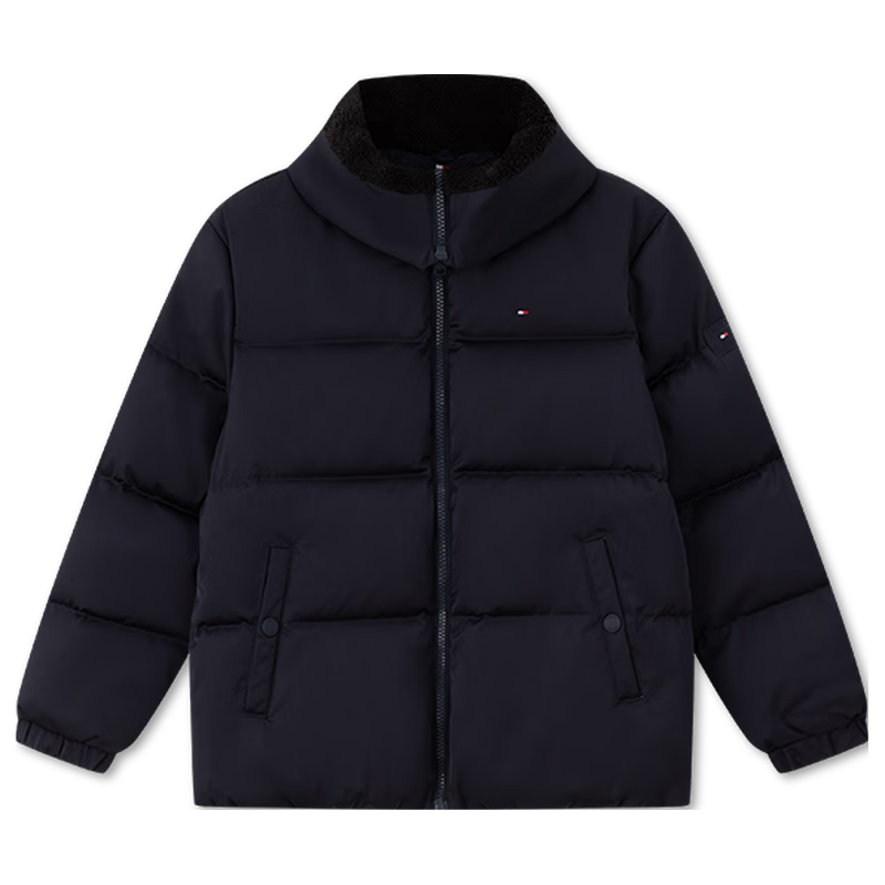 TOMMY HILFIGER 23新款秋冬童装女休闲拼色保暖鸭绒立领羽绒服TH2342053 藏青色001
