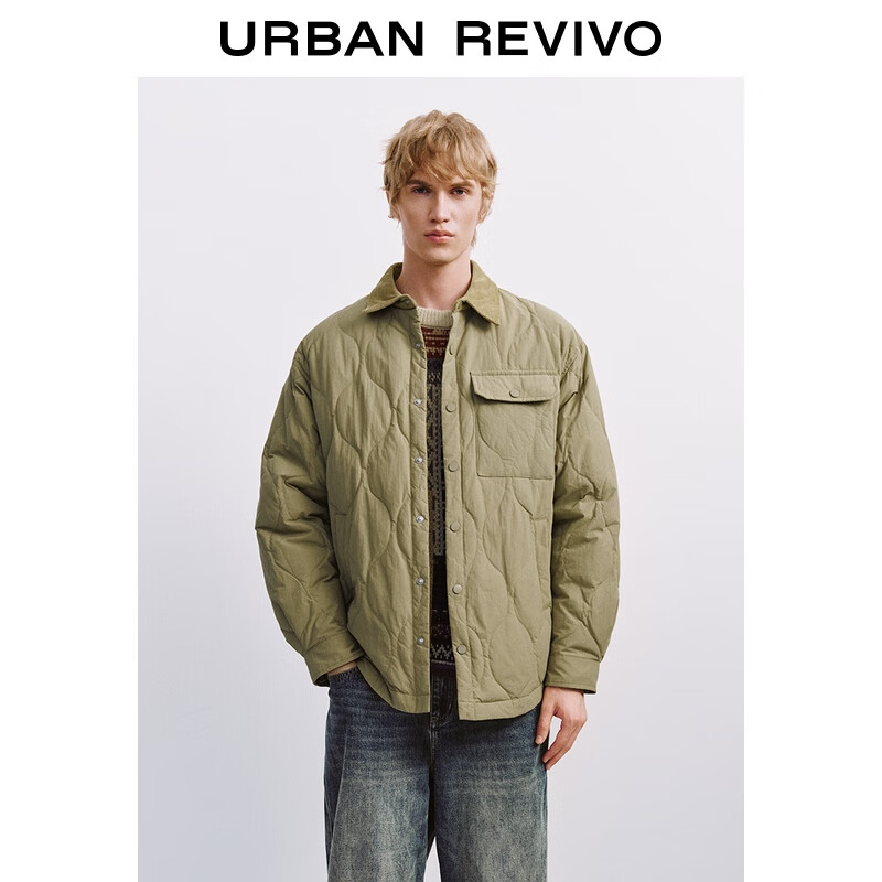 UR2025冬季男装休闲拼接翻领绗缝多口袋羽绒服UML150039 卡其绿 M
