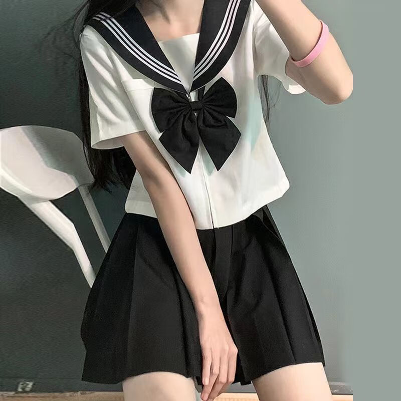 柏潮jk制服水手服白三本日系校园风长袖套装海军风学生软妹短裙子 单件长袖白色三本加蝴蝶节