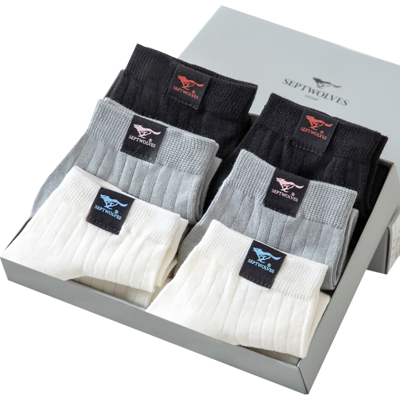 七匹狼袜子男纯棉秋季休闲男袜中高筒袜子时尚男袜吸汗透气棉袜 精梳棉常规款松口袜 3黑色2藏青 5双