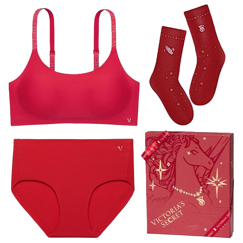 维密马年果冻条文胸套装宠爱礼盒字母肩带内衣背心式运动内衣红色