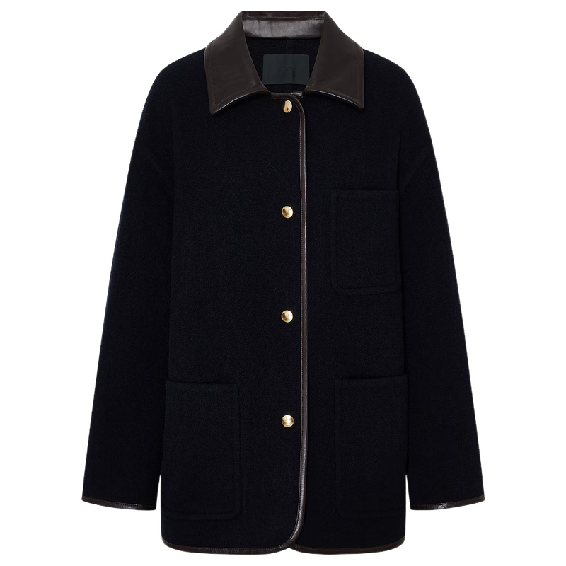 MO&Co.毛呢外套2025冬绵羊毛黑色双面呢复古素皮拼接镶边MBE4COT062 蓝黑色 M /165