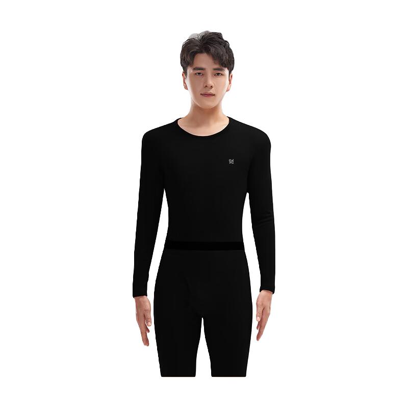 鸭鸭男士保暖裤南羊毛保暖亲肤发热高弹无痕吸汗透气舒适秋衣秋裤套装 经典黑 2XL 【140-160斤】