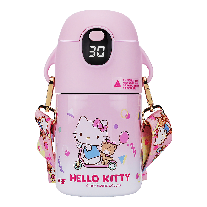Hello Kitty 凯蒂猫 KT-3753 304不锈钢水杯学生女双盖带杯套 粉红色-400ML